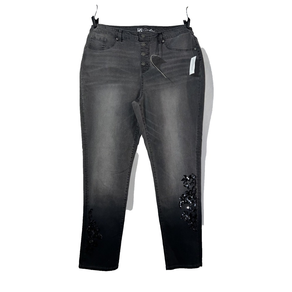 DG2 Diane Gilman Grey Black Ombre Sequin Floral High Rise Skinny Jeans Size XLT